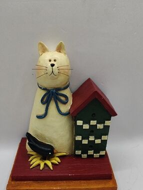 Cream Cat Figurine with Blue Bow and Black Crow With Red-Green Birdhouse Bookend